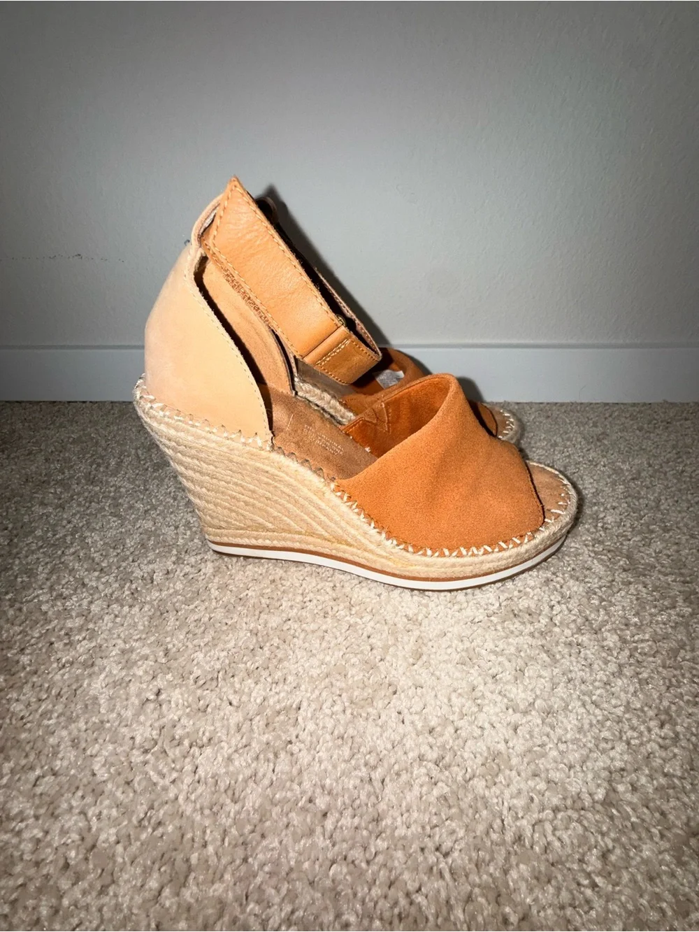 TOMS Suede Tan Espadrille Wedge Sandals with Ankle Strap